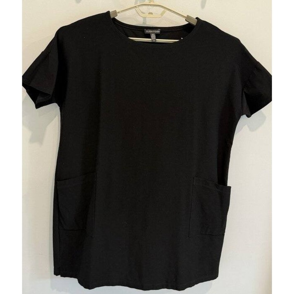 Eileen Fisher Black Pockets Long Tunic Short Dress Boxy Lagenlook Short Sleeve M
